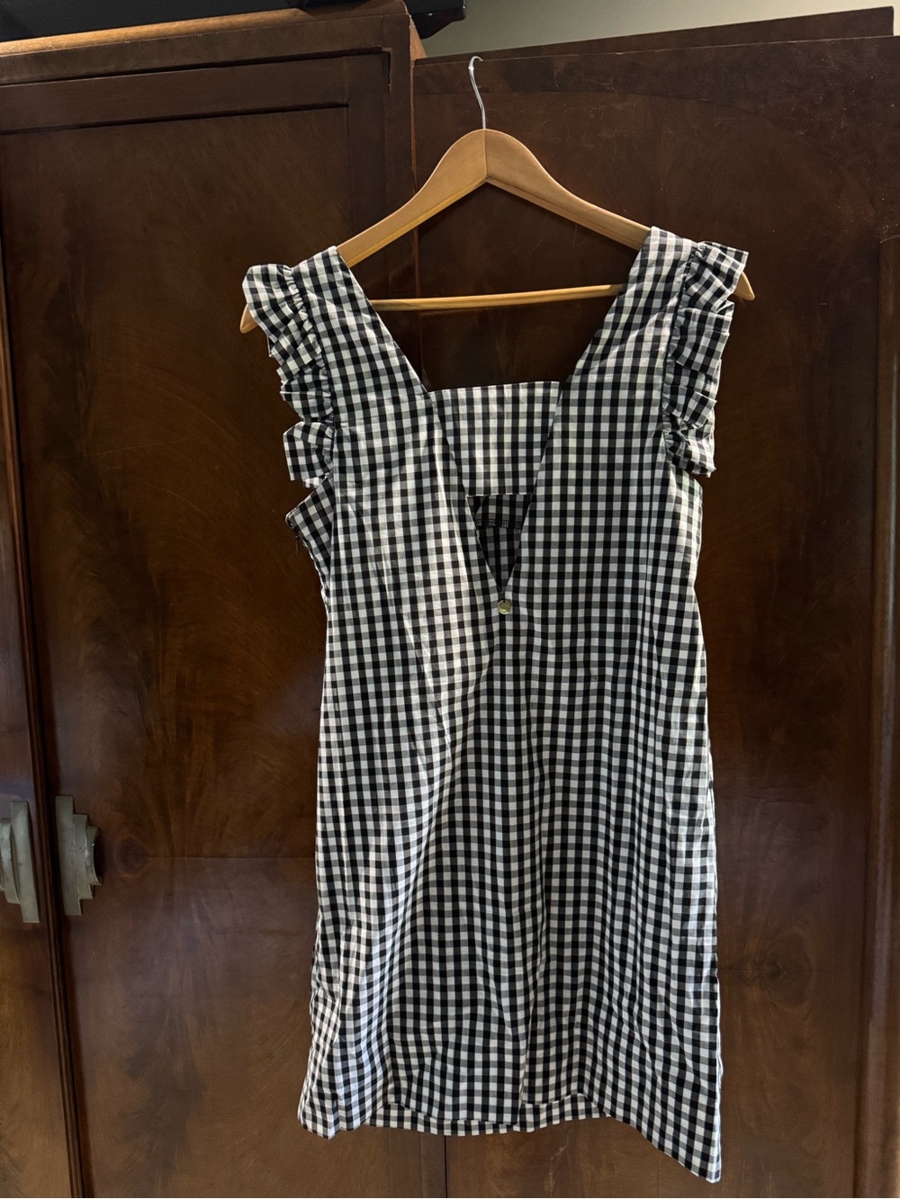 Black and White Gingham Midi Dress with Ruffle Straps
